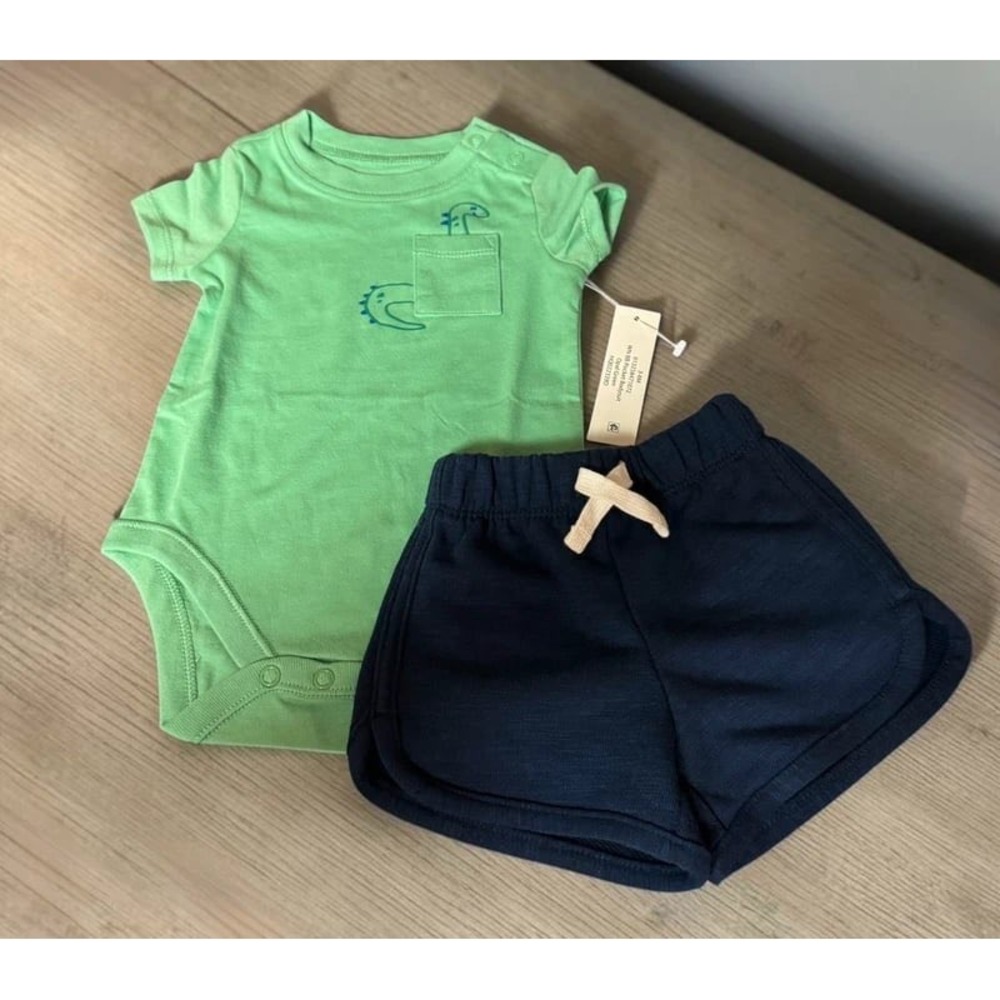 Wonder Nation Baby Boy 2pc Bodysuit and Shorts Set Green Navy Dinosaur 3-6M NWT
